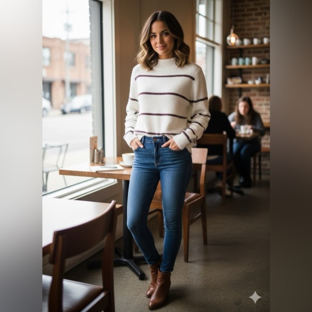 Tribekka Ivory Metallic Stripe Mock Neck Sweater Women’s Large